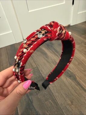 Red Plaid Knotted Headband with Pearls and Rhinestones
